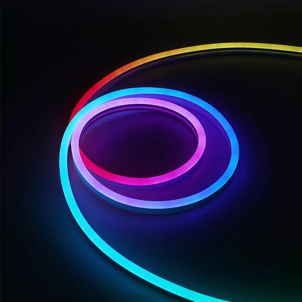 Colorful LED strip product displaying vibrant rainbow effect on black background